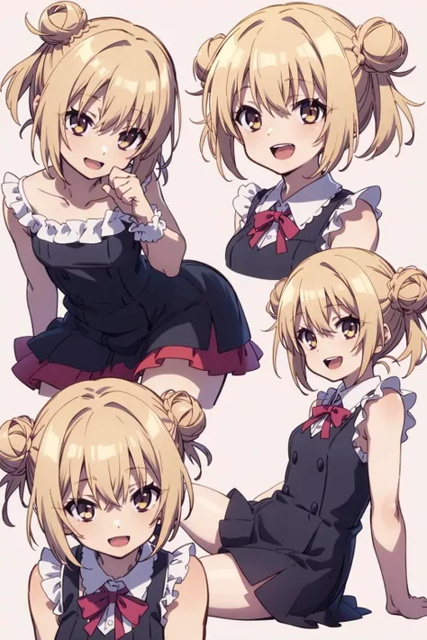 masterpiece, best quality,smile,open mouth,collage,reclining,school,frills,triple bun,uwabaki