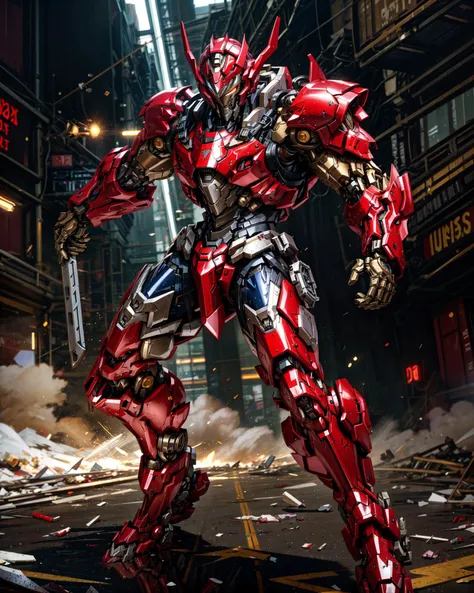 full_body photo of mecha, headgear, (glowing eyes),  
burgundy_color armor, crimson_color reflected armor, covered in full silver armor, arknights, wearing thunder armor, intricate assasin mecha armor, greek god in mecha style, grimdark paladin,  
(big muscular:1.3),
(dynamic_pose, action:1.4),
volumetric light, mechanical parts, robot joints,  joint glow,
strong wind, light particles, bokeh, messy background, cyberpunk, (detailed, best quality:1.4), realistic <lora:mecha_offset:0.9>, <lora:AMechaSSS[color_theme,mecha musume, mechanical parts,robot joints,headgear]:0.9>, <lora:QuickHandV2:0.6> QuickHands