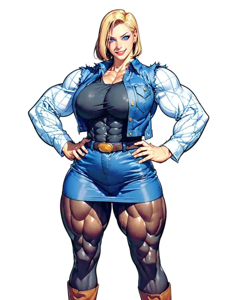(cowboy shot:1.3), android_18, blond short hair, asymmetry parted hair, looking at viewer, (long earing), pale skin,
(opened denim_vest:1.2), (black shirt), striped long sleeves, (denim_skirt), black_(pantyhose:1.4), brown_boots, highheels,
(gigantic muscular:1.9),
(standing, hands on waist, akimbo:1.3),
white background, simple background,
(detailed, best quality:1.3), realistic,<lora:QuickHandV2:0.6> QuickHands <lora:Android_18_DB:0.7> <lora:bulkedupAI_bulkedupAIR15:0.4>