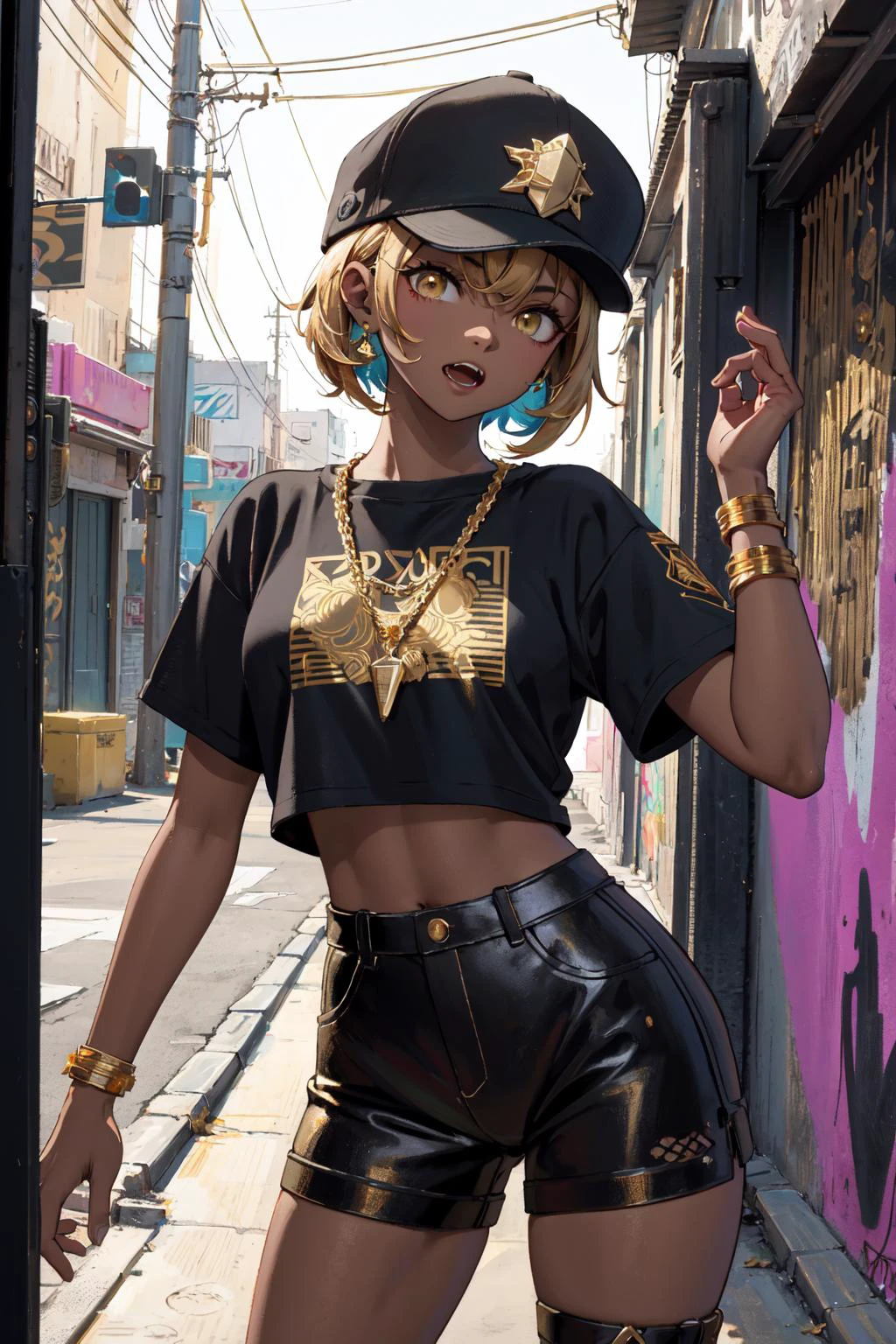 super detailed, (glowing background:1.25),(best art,masterpiece,best quality,gold ratio,:1.5),(etching:1.458),
(dark gold line,black theme,:1.3)
,8k,high-res,highest details,(bandage:1.3),
colorful,1 girl, tomboy,dark skin,streetwear cap, underboob shirt, tight shorts,graffiti spray painting wall, open mouth, fangs out, hip-hop street aesthetics, in a lively and colorful alley full of graffiti <lora:QuickHandV2:0.4> QuickHands <lora:3DMM_V12:0.8> girl, indian