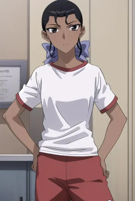 lalagonzalez, <lora:lala gonzalez s2-lora-nochekaiser:1>,
lala gonzalez, black hair, bow, hair bow, dark skin, (black eyes:1.3), (dark-skinned female:1.2), antenna hair,
BREAK shirt, shorts, gym uniform, red shorts,
BREAK indoors, gym,
BREAK looking at viewer, (cowboy shot:1.5),
BREAK <lyco:GoodHands-beta2:1>, (masterpiece:1.2), best quality, high resolution, unity 8k wallpaper, (illustration:0.8), (beautiful detailed eyes:1.6), extremely detailed face, perfect lighting, extremely detailed CG, (perfect hands, perfect anatomy),