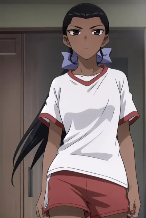 lalagonzalez, <lora:lala gonzalez s2-lora-nochekaiser:1>,
lala gonzalez, black hair, bow, hair bow, dark skin, (black eyes:1.3), (dark-skinned female:1.2), antenna hair,
BREAK shirt, shorts, gym uniform, red shorts,
BREAK indoors, gym,
BREAK looking at viewer, (cowboy shot:1.5),
BREAK <lyco:GoodHands-beta2:1>, (masterpiece:1.2), best quality, high resolution, unity 8k wallpaper, (illustration:0.8), (beautiful detailed eyes:1.6), extremely detailed face, perfect lighting, extremely detailed CG, (perfect hands, perfect anatomy),