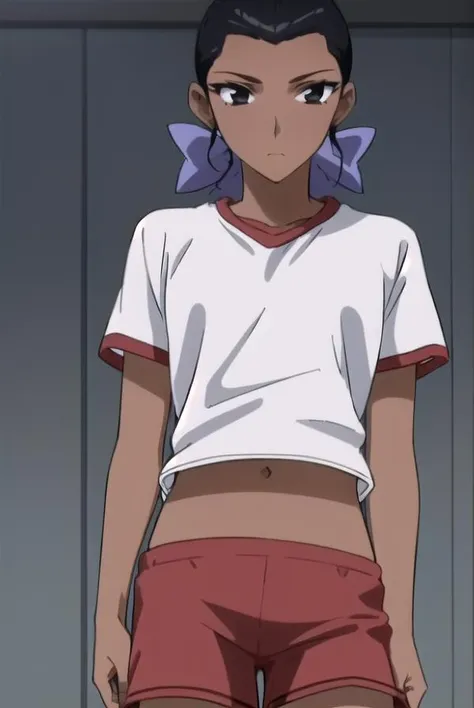 lalagonzalez, <lora:lala gonzalez s2-lora-nochekaiser:1>,
lala gonzalez, black hair, bow, hair bow, dark skin, (black eyes:1.3), (dark-skinned female:1.2), antenna hair,
BREAK shirt, shorts, gym uniform, red shorts,
BREAK indoors, gym,
BREAK looking at viewer, (cowboy shot:1.5),
BREAK <lyco:GoodHands-beta2:1>, (masterpiece:1.2), best quality, high resolution, unity 8k wallpaper, (illustration:0.8), (beautiful detailed eyes:1.6), extremely detailed face, perfect lighting, extremely detailed CG, (perfect hands, perfect anatomy),