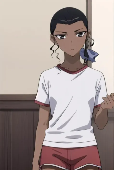 lalagonzalez, <lora:lala gonzalez s2-lora-nochekaiser:1>,
lala gonzalez, black hair, bow, hair bow, dark skin, (black eyes:1.3), (dark-skinned female:1.2), antenna hair,
BREAK shirt, shorts, gym uniform, red shorts,
BREAK indoors, gym,
BREAK looking at viewer, (cowboy shot:1.5),
BREAK <lyco:GoodHands-beta2:1>, (masterpiece:1.2), best quality, high resolution, unity 8k wallpaper, (illustration:0.8), (beautiful detailed eyes:1.6), extremely detailed face, perfect lighting, extremely detailed CG, (perfect hands, perfect anatomy),