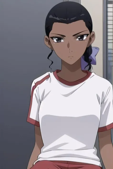 lalagonzalez, <lora:lala gonzalez s2-lora-nochekaiser:1>,
lala gonzalez, black hair, bow, hair bow, dark skin, (black eyes:1.3), (dark-skinned female:1.2), antenna hair,
BREAK shirt, shorts, gym uniform, red shorts,
BREAK indoors, gym,
BREAK looking at viewer, (cowboy shot:1.5),
BREAK <lyco:GoodHands-beta2:1>, (masterpiece:1.2), best quality, high resolution, unity 8k wallpaper, (illustration:0.8), (beautiful detailed eyes:1.6), extremely detailed face, perfect lighting, extremely detailed CG, (perfect hands, perfect anatomy),