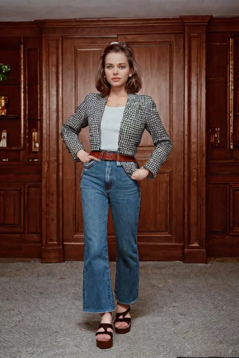 analog film photo solo, realistic, ((european woman)), (((lavender straight with a middle part))), (((smile512))), (((checkered blazer, wide-leg jeans, platform sandals, vintage belt buckle):1.3)), ((trophy room, lined with shelves of sports trophies, medals, and memorabilia from past victories, this room exudes an air of accomplishment)), ((dynamic pose)), ((taken with Fujifilm X-T5 by  William Eggleston)), PA7_Photo-BW, PA7_Human-Likeness, PA7_Photo, PA7_Portrait-HL_v2, high detailed, 8k, clear facial features, <lora:PAseer-SD15-LCM Quick:1> <lora:picxer_real:.5> <lora:ReaLora:.2> skin <lora:CStyle_-_Photography_Style:.8> cstyle <lora:[CH]_-_Ursula_Andress:1> honeyryder  . faded film, desaturated, 35mm photo, grainy, vignette, vintage, Kodachrome, Lomography, stained, highly detailed, found footage