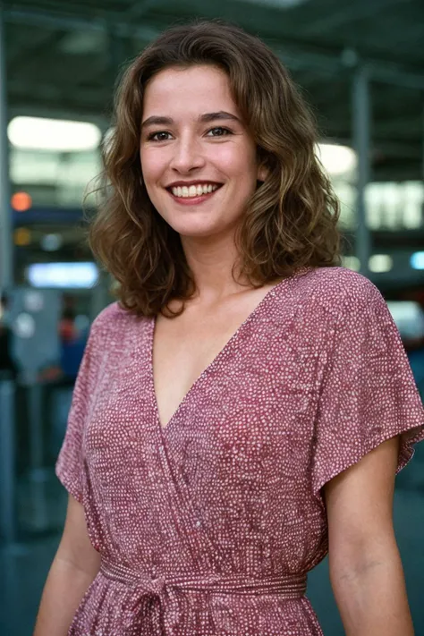 analog film photo solo, tstyle, realistic, ((vintage photo)), ((woman)), (((80âs Rocker Hair))), (((grin512:1.2))), ((loose and flowing caftan dress in bold and exotic prints)), ((airport terminal)), ((dynamic pose)), PA7_Human-Likeness, PA7_Photo, high detailed, (cinematic shot:1.3), 8k, clear facial features, pastel themed colorgrade, in style of wes anderson, <lora:PAseer-SD15-LCM Quick:1> <lora:picxer_real:.5> <lora:ReaLora:.2> skin <lora:TStyle_-_Photography_Style:.2>  <lora:[UK]_-_Caroline_Bliss:1> money-caroline, carolinebliss  . faded film, desaturated, 35mm photo, grainy, vignette, vintage, Kodachrome, Lomography, stained, highly detailed, found footage