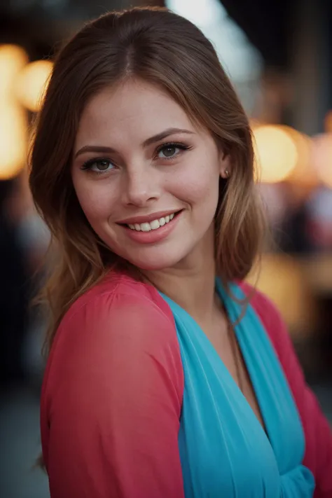 film photography, a beautiful girl with dressed in all red, cyan and magenta colors, smiling, fashion photo., realistic skin, professional photographer, depth of field, bokeh, shot on D3100, shot on EOS R, EF 85 mm f/1,4 L IS US <lora:epiCRealismHelper:.8>, <lora:[SE]_-_Britt_Ekland:1> mt-brittekland