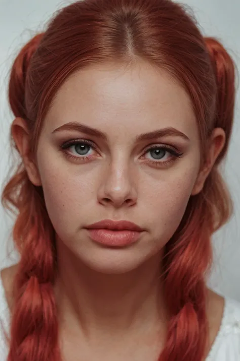 closeup Portrait photography. High Contrast. Fine facial details. Artful interplay of light and shadow. Red hair. Pigtails. Pale skin. Piercing eyes. Ruby lips. Depth of field. Divine glow. <lora:epiCRealismHelper:.8>, <lora:[SE]_-_Britt_Ekland:1> mt-brittekland