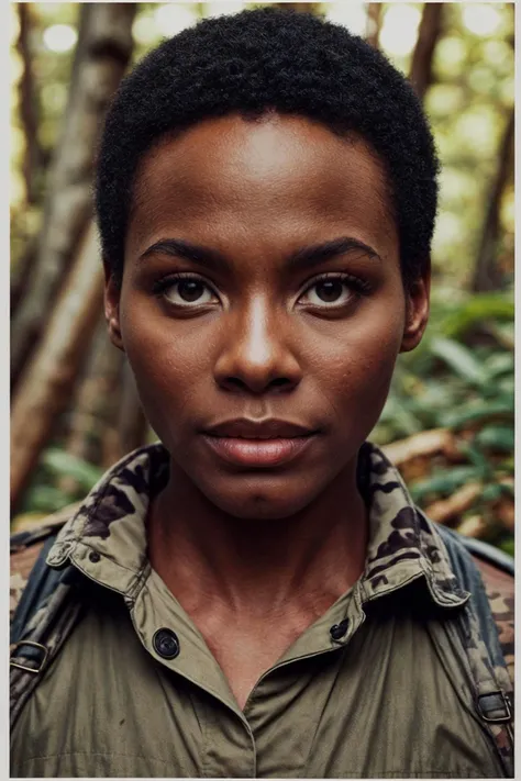 an african american woman in the woods, wearing Flecktarn camouflage, (supermodel pose), (from front:1.5), bokeh <lora:add_detail:0.8> <lora:[US]_-_Gloria_Hendry:1> mt-gloriahendry