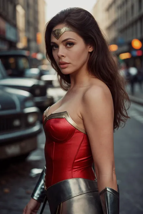 high quality creative photoshoot of a model as wonder woman, superhero pose in destroyed new york city, post apocalyse, Vogue style, fashion photoshoot, (1girl:1.1), realistic skin, professional photographer, depth of field, bokeh, shot on D3100, shot on EOS R, EF 85 mm f/1,4 L IS US <lora:epiCRealismHelper:.8>, <lora:[SE]_-_Britt_Ekland:1> mt-brittekland