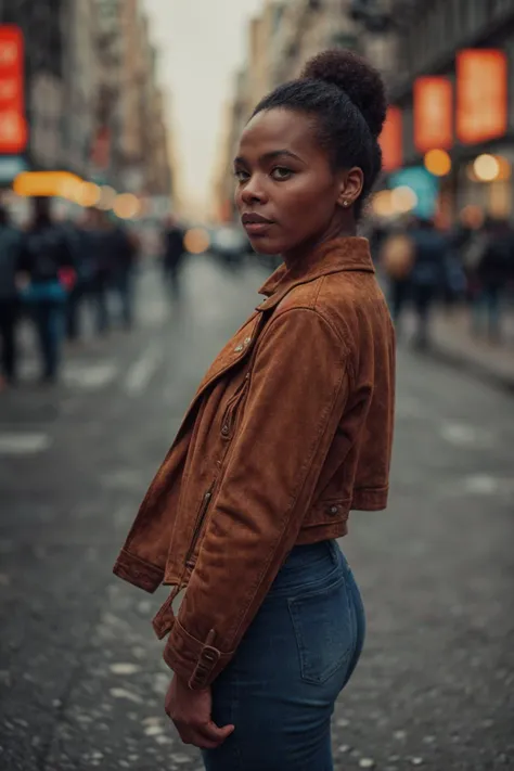 an african american woman in streets of new york, wearing Faux suede biker jacket and jeans, (supermodel pose), (from front:1.5), bokeh <lora:add_detail:0.8> <lora:[US]_-_Gloria_Hendry:1> mt-gloriahendry