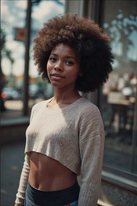 analog film photo <lora:[US]_-_Gloria_Hendry:1> mt-gloriahendry, african american girl, (afro hair), solo, (looking at viewer), realistic lighting, (detailed skin), (detailed face), smiling, (WEARING oversized sweater and leggings), (simple background:1.5), 
BREAK
masterpiece, best quality, ultra-detailed, ultra high res, (photorealistic:1.4), raw photo, (realistic:0.2), 8k HDR, 1girl, bokeh, f1.4, 40mm, photorealistic, raw, 8k, textured skin, skin pores, intricate details