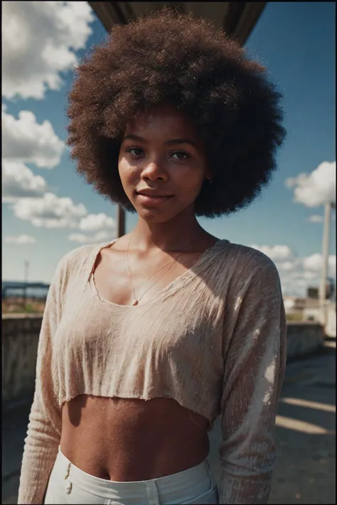 analog film photo <lora:[US]_-_Gloria_Hendry:1> mt-gloriahendry, african american girl, (afro hair), solo, (looking at viewer), realistic lighting, (detailed skin), (detailed face), smiling, (WEARING oversized sweater and leggings), (simple background:1.5), 
BREAK
masterpiece, best quality, ultra-detailed, ultra high res, (photorealistic:1.4), raw photo, (realistic:0.2), 8k HDR, 1girl, bokeh, f1.4, 40mm, photorealistic, raw, 8k, textured skin, skin pores, intricate details