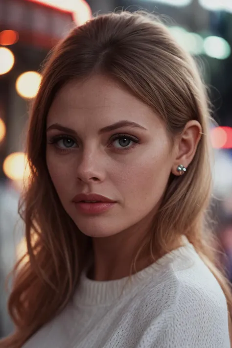 fahsion photography. High Contrast. Fine facial details. Artful interplay of light and shadow. . Pale skin. Piercing eyes. Ruby lips. Depth of field. Divine glow. at a carnival at night, wearing a white sweater, <lora:epiCRealismHelper:.8>, <lora:[SE]_-_Britt_Ekland:1> mt-brittekland