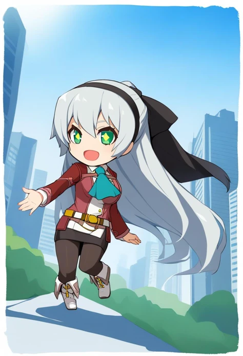 1girl <lora:style_onmyoji_xl-000009:1> border, chibi, diamond-shaped pupils <lora:elie-xl-nvwls-v1:1> elie macdowell, green eyes, black hairband, hair ribbon, long hair, ascot, uniform, long red sleeves, white dress, pencil skirt, belt, pantyhose, white boots, cityscape, blue sky, :D