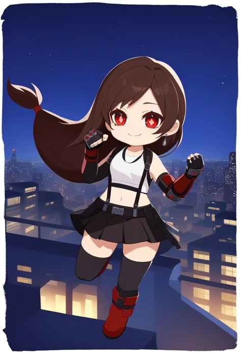 1girl <lora:style_onmyoji_xl-000009:1> border, chibi, diamond-shaped pupils <lora:tifa-xl-nvwls-v1-000006:1> 7rtifa, red eyes, low-tied long hair, earrings, white crop top, suspenders, pleated miniskirt, black thighhighs, arm guards, elbow gloves, fingerless gloves, red boots, night sky, city, smile, fists