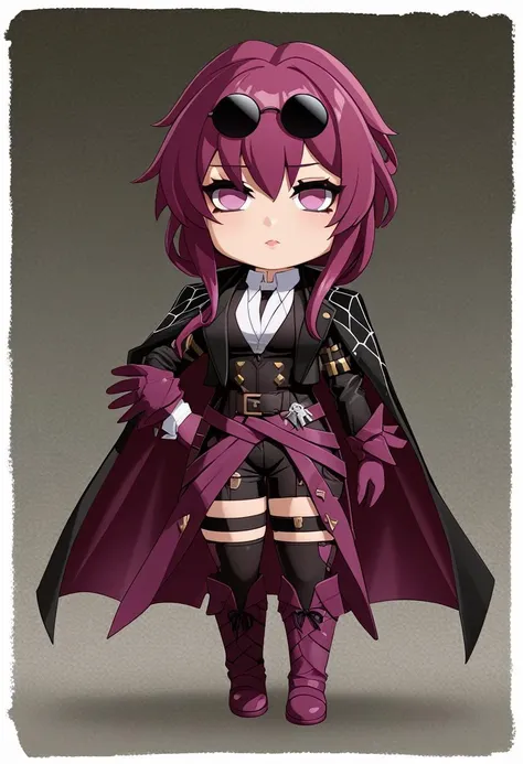 High Quality, Masterpiece, border, chibi, diamond-shaped pupils, <lora:style_onmyoji_xl-000009:1>, KafkaXL, purple eyes, eyewear on head, jacket on shoulders, gloves, <lora:XL_Char_HSR_Kafka:1>