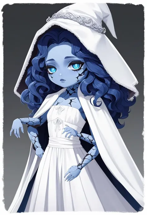 High Quality, Masterpiece, border, chibi, diamond-shaped pupils, <lora:style_onmyoji_xl-000009:1>, IncrsXLRanni, wavy hair, cracked skin, colored skin, blue skin, (extra faces), extra arms, doll joints, white dress, hat, cloak, <lora:XL_Char_EldenRing_Ranni:1>