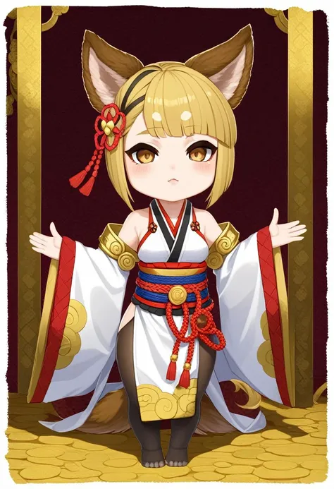 High Quality, Masterpiece, border, chibi, diamond-shaped pupils, <lora:style_onmyoji_xl-000009:1> <lora:spgbfVajraXL:1>, vajradef, dog tail, black pantyhose, hair ornament, japanese clothes, bare shoulders, detached sleeves, wide sleeves, white pelvic curtain