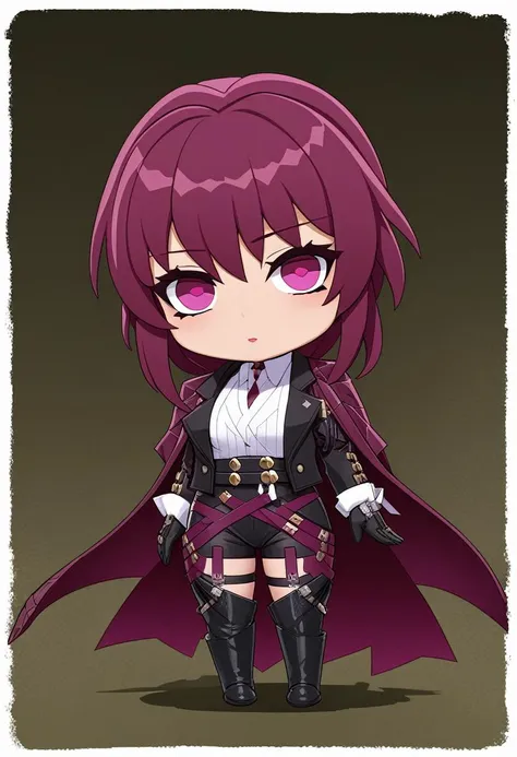 High Quality, Masterpiece, border, chibi, diamond-shaped pupils, <lora:style_onmyoji_xl-000009:1>, KafkaXL, purple eyes, eyewear on head, jacket on shoulders, gloves, <lora:XL_Char_HSR_Kafka:1>