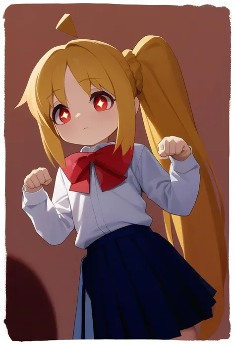 (masterpiece, best quality:1.0),border, chibi, diamond-shaped pupils, simple background, paw pose, btr-nijika, 1girl, blonde hair, solo, side ponytail, skirt, long hair, ahoge, red bow, blue skirt, white shirt, pleated skirt,bowtie, long sleeves <lora:bocchi_xl:1> <lora:style_onmyoji_xl-000009:1.0>