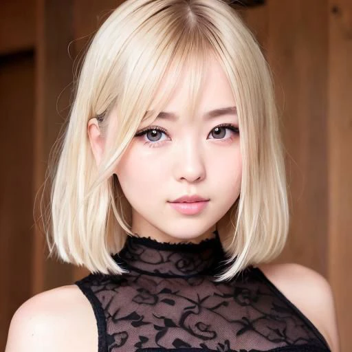 best quality, 8k, ultra highres, raw photo in hdr, sharp focus, intricate texture, photograph of,  japanese girl, chubby face, flat nose, blonde hair, symmetry eyes, small narrow eyes, upturned-set eyes, deep-set eyes, subtle double eyelids, No-makeup look, detailed face, face focus ,head on, Pink eyeshadow