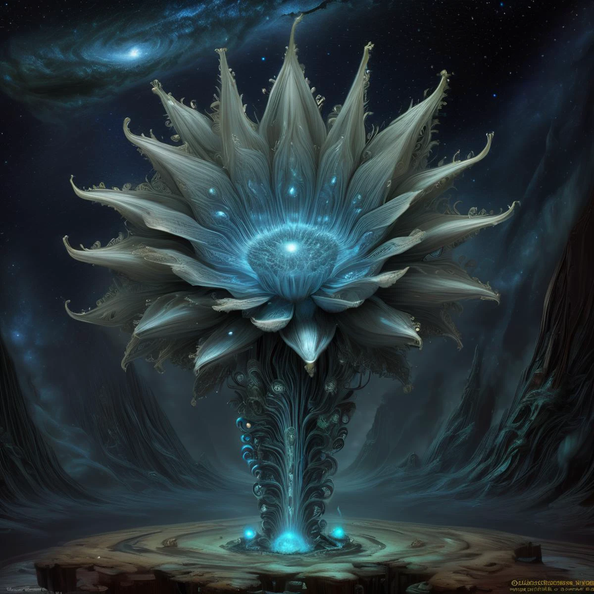 DonMASKTexXL Oversized Azure Columnar Tapered plant, Slimy Texture Bulbous Bulb, Scaly, Pale Ray Floret Star-shaped flower, Obovate, Ebracteolate, Spiral, , tech, scifi, futuristic <lora:DonMASKTexXL:1.0>