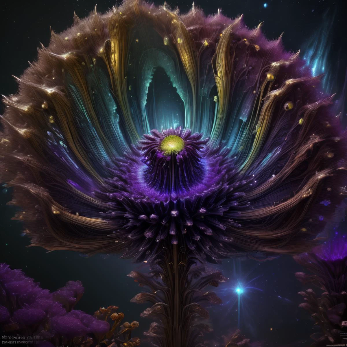 DonMASKTexXL Dainty Colorful Bushy Fan-shaped plant, Dark purple Spikelet Petaloid flower, Bilabiate, , tech, scifi, futuristic <lora:DonMASKTexXL:1.0>