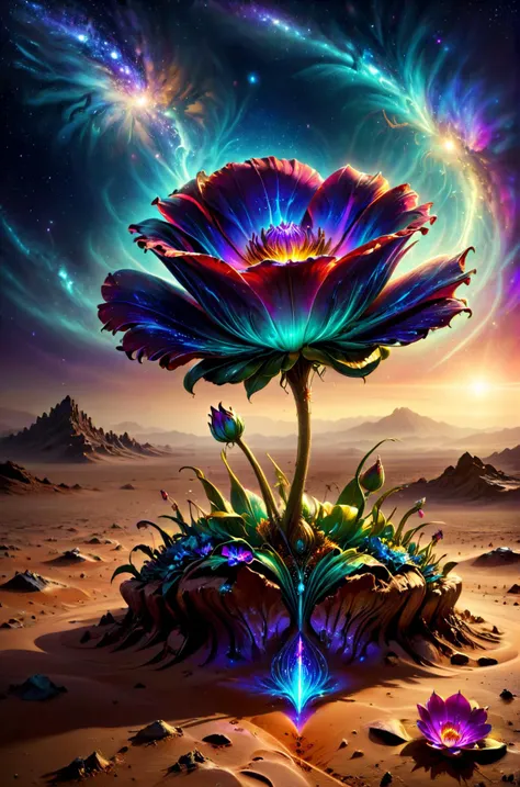 ethereal fantasy concept art of horror-themed breathtaking a single delicate flower growing in the middle of the desert <lora:ColorART:0.8> ColorART, colorful <lora:alienzkin:0.5> alienzkin <lora:DonMASKTexXL:0.7> DonMASKTexXL , masterpiece, award-winning, professional, highly detailed, eerie, unsettling, dark, spooky, suspenseful, grim, highly detailed, magnificent, celestial, ethereal, painterly, epic, majestic, magical, fantasy art, cover art, dreamy