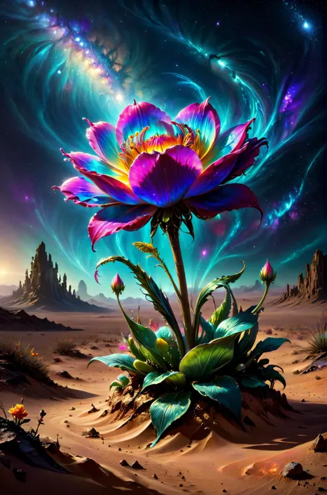 ethereal fantasy concept art of horror-themed breathtaking a single delicate flower growing in the middle of the desert <lora:ColorART:0.8> ColorART, colorful <lora:alienzkin:0.4> alienzkin <lora:DonMASKTexXL:0.6> DonMASKTexXL , masterpiece, award-winning, professional, highly detailed, eerie, unsettling, dark, spooky, suspenseful, grim, highly detailed, magnificent, celestial, ethereal, painterly, epic, majestic, magical, fantasy art, cover art, dreamy