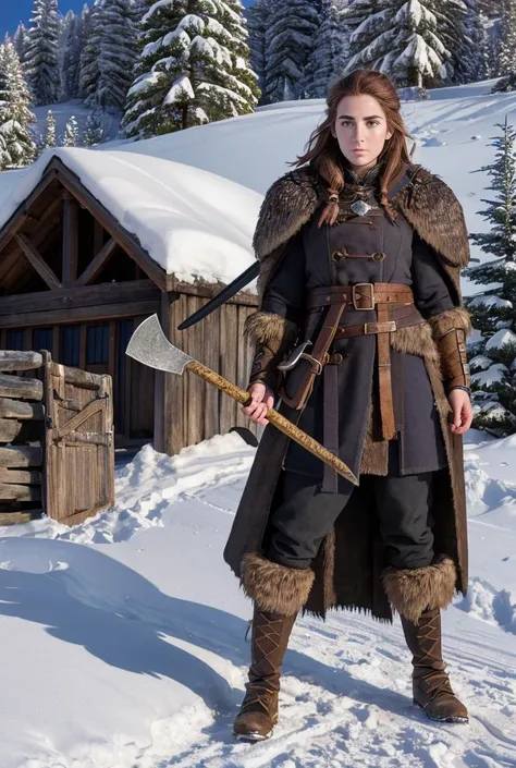 realistic analog photo, award winning photo,
1girl, (shivering, freezing:1.1), (rosy cheeks and nose tip:1.2), (worried look:1.1), 
 <lora:Viking_dual_V2:0.5> viking_dual_v2, viking, solo, standing, looking at viewer, (holding axe, dual wielding), armor, boots, fur trim, shoulder armor, belt, pants, pauldrons, cape, scar, tattoo, facial tattoo,
Style-Winter cliffside
BREAK
Claudia, feminine woman, 24 yearsold, 
fit body, toned body, lithe body, supple body, 
pert d cups,
sunburnt skin, tanlines, birthmarks,
shoulderlength auburn wavey hair, 
oblong face, fine features, arched eyebrows
heterochromia, round eyes, 
fleshy upturned nose,
 thin lips, upturned lips 
,
RAW, highres, 8k, uhd, High Dynamic Range, tonemapping, crisp details,