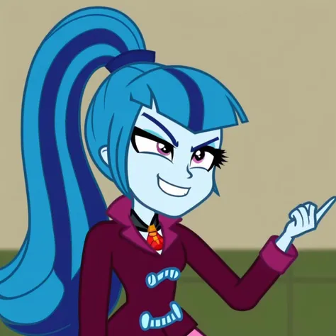 1girl, upper body,blue hair, light blue skin, ponytail, streaked hair, light purple eyes ,burgundy jacket, cartoon skirt, evil smirk ,