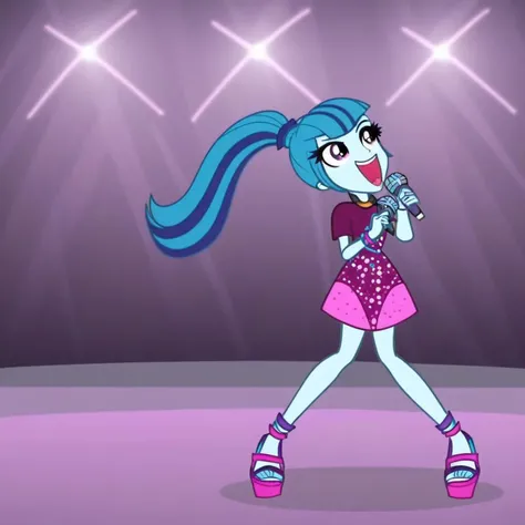 1girl,full body, blue hair, ponytail, dance pose , singing , holding a microphone,flats, streaked hair, light purple eyes, multicolored hair, cartoon