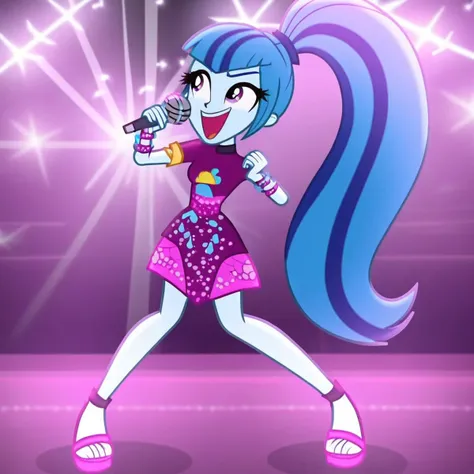 1girl,full body, blue hair, ponytail, dance pose , singing , holding a microphone,flats, streaked hair, light purple eyes, multicolored hair, cartoon