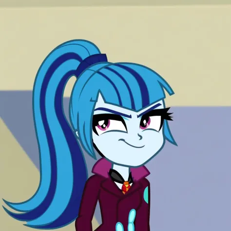 1girl, upper body,blue hair, light blue skin, ponytail, streaked hair, light purple eyes ,burgundy jacket, cartoon skirt, evil smirk ,
