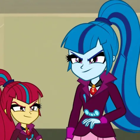 1girl, upper body,blue hair, light blue skin, ponytail, streaked hair, light purple eyes ,burgundy jacket, cartoon skirt, evil smirk ,