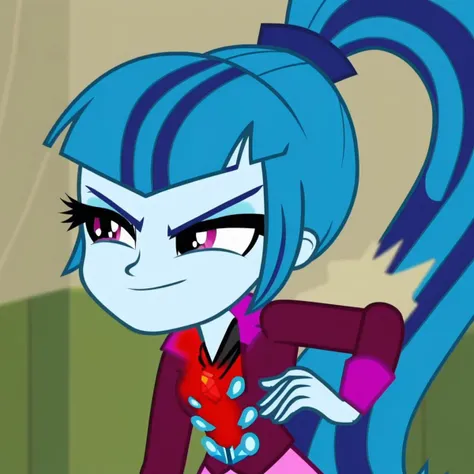 1girl, upper body,blue hair, light blue skin, ponytail, streaked hair, light purple eyes ,burgundy jacket, cartoon skirt, evil smirk ,