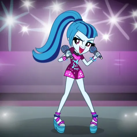 1girl,full body, blue hair, ponytail, dance pose , singing , holding a microphone,flats, streaked hair, light purple eyes, multicolored hair, cartoon