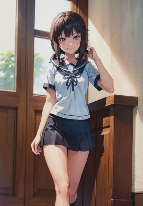 Highest quality, masterpiece, High resolution, alone, {inazuma_Kantai Collection}, brown_hair, Folded_ponytail, brown_eye, length_hair, Open_mouth, smile, School Uniforms,skirt,プリーツskirt,((Flat Chest, Small breasts)),navel, (White panties), (In underwear), (lingerie), (Outdoor), (skirtリフト),((nsfw)), Wet clothes, ((Panty shot))
