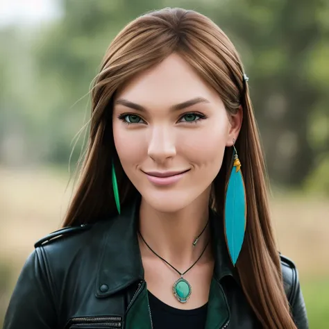 <lora:rachelAmberLifeIs_10:1> masterpiece, Real photo, (rachelamber:1.4), (detailed brown hair:1.2), (detailed green eyes:1.2), (detailed skin:1.2), choker, (leather jacket:1.2), feather earring, (beautiful face:1.3), (small nose:1.2), (smiling:1.1), Volumetric Lights, parallax effect, school background,