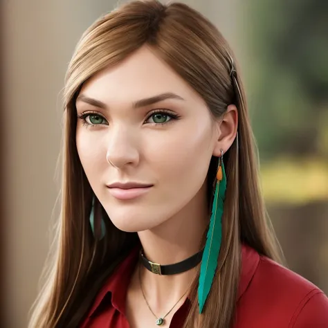 <lora:rachelAmberLifeIs_10:1> masterpiece, Real photo, (rachelamber:1.4), (detailed brown long hair:1.3), (detailed green eyes:1.3), (detailed skin:1.2), choker, (Red shirt:1.2), feather earring, (beautiful face:1.3), (small nose:1.2), (sexy smiling:1.1), Volumetric Lights, parallax effect, school background,