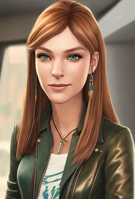 masterpiece, best quality, high quality, extremely detailed CG unity 8k wallpaper,A portrait of rachelamber, brown hair, green eyes, looking at viewer, hyperrealistic, ultra detailed, choker, (leather jacket:1.2), feather earring, (smiling:1.1)