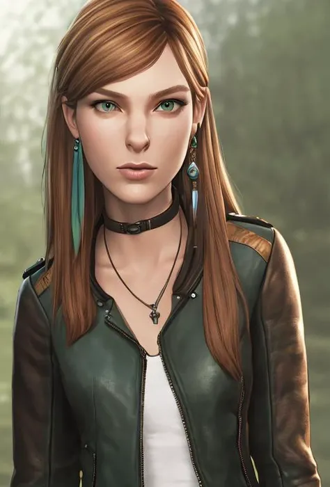 masterpiece, best quality, high quality, extremely detailed CG unity 8k wallpaper,A portrait of rachelamber, brown hair, green eyes, looking at viewer, hyperrealistic, ultra detailed, choker, (leather jacket:1.2), feather earring