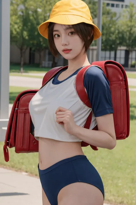 <lora:0159 adult student dream_v1:0.8>, ruanyi0159, best quality, masterpiece, illustration, realistic, photo-realistic, amazing, finely detail, incredibly absurdres, huge filesize, ultra-detailed, highres, extremely detailed CG unity 8k wallpaper, nsfw, randoseru, gym uniform, backpack, yellow hat, school hat, short hair, A beautiful young woman with Korean-style facial features resembling a popular actress.