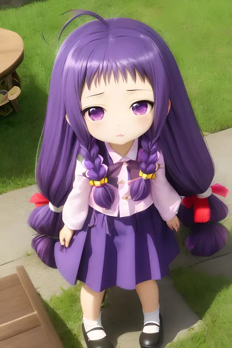 <lora:YueAyase-10:.8> ayase yue, solo, twin braids, purple hair, long hair, bell, ahoge, chibi