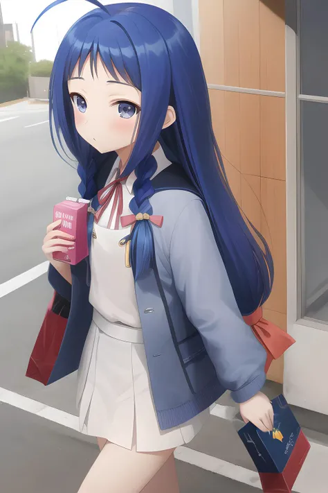 <lora:YueAyase-10:.8> ayase yue, solo, twin braids, blue hair, long hair, bell, ahoge, juice box