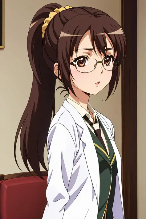 (masterpiece, best quality), 1girl,  <lora:rika shiguma s2-lora-nochekaiser:1> rika shiguma, brown hair, (brown eyes:1.3), ponytail, glasses, scrunchie, yellow scrunchie, school uniform, necktie, labcoat,