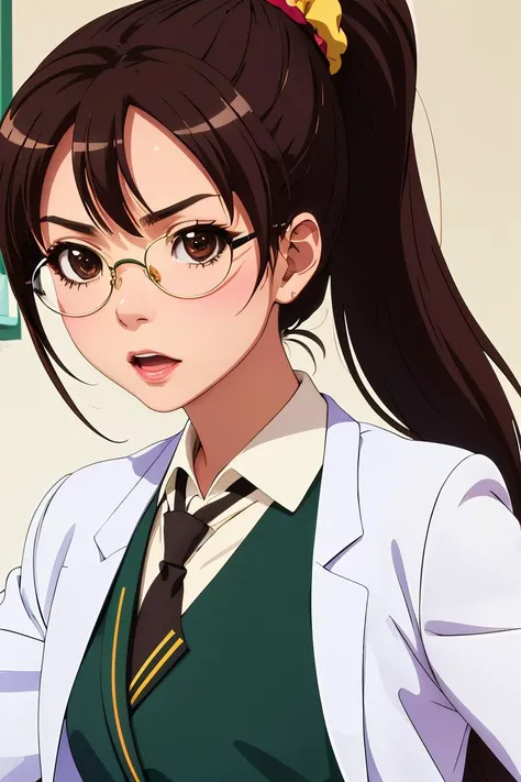 (masterpiece, best quality), 1girl,  <lora:rika shiguma s2-lora-nochekaiser:1> rika shiguma, brown hair, (brown eyes:1.3), ponytail, glasses, scrunchie, yellow scrunchie, school uniform, necktie, labcoat,