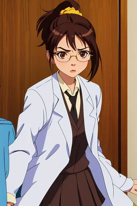 (masterpiece, best quality), 1girl,  <lora:rika shiguma s2-lora-nochekaiser:1> rika shiguma, brown hair, (brown eyes:1.3), ponytail, glasses, scrunchie, yellow scrunchie, school uniform, necktie, labcoat,